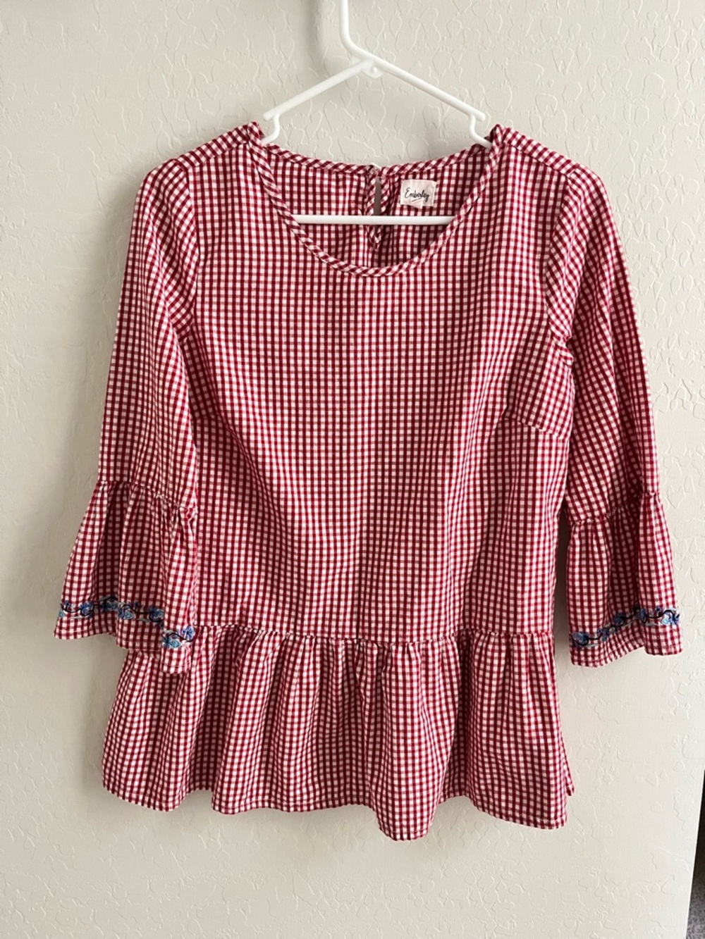 Embroidered Gingham Peplum Blouse - Red